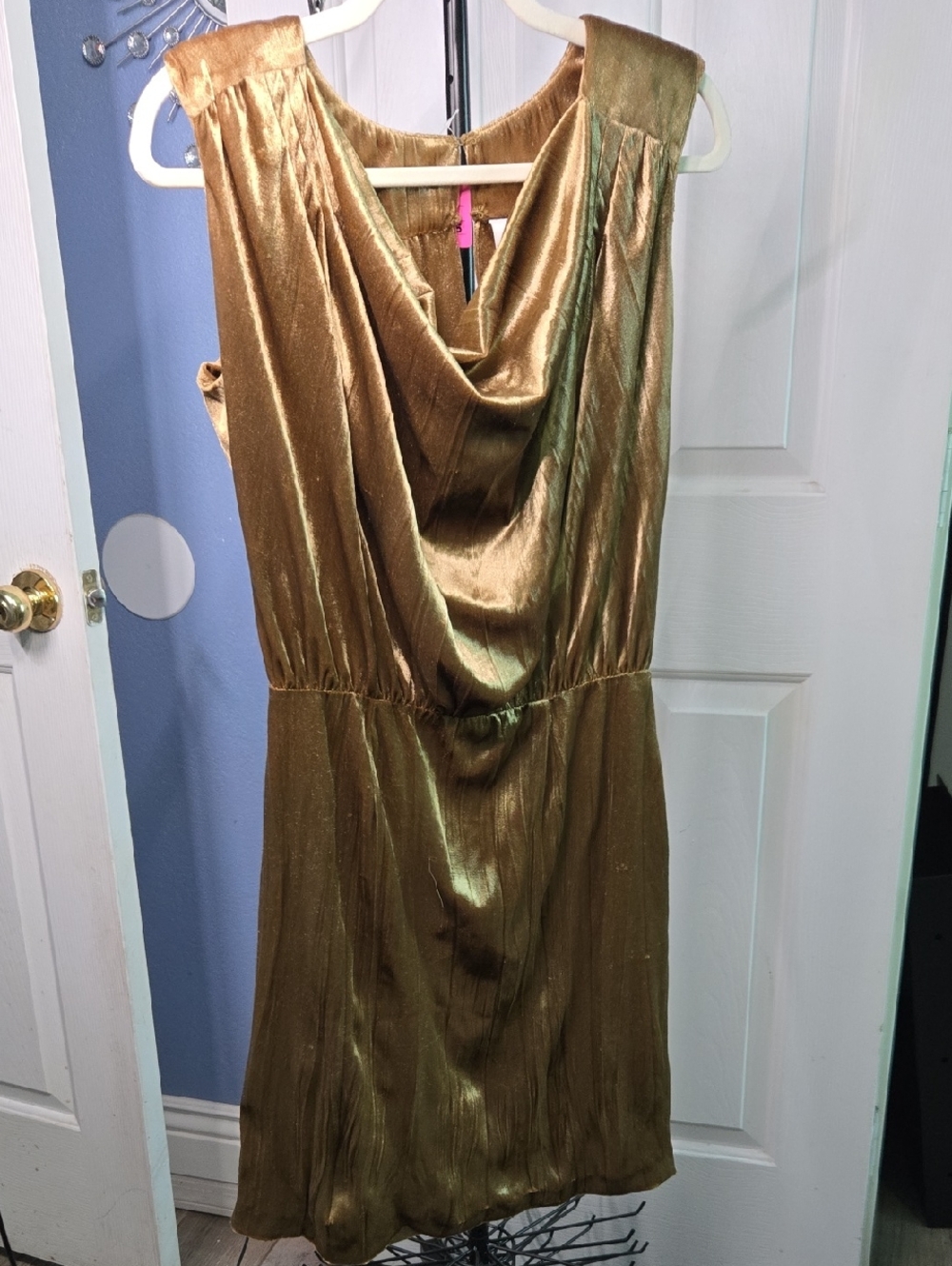 Sleeveless Metallic Gold Mini Dress with Draped Cowl Neck